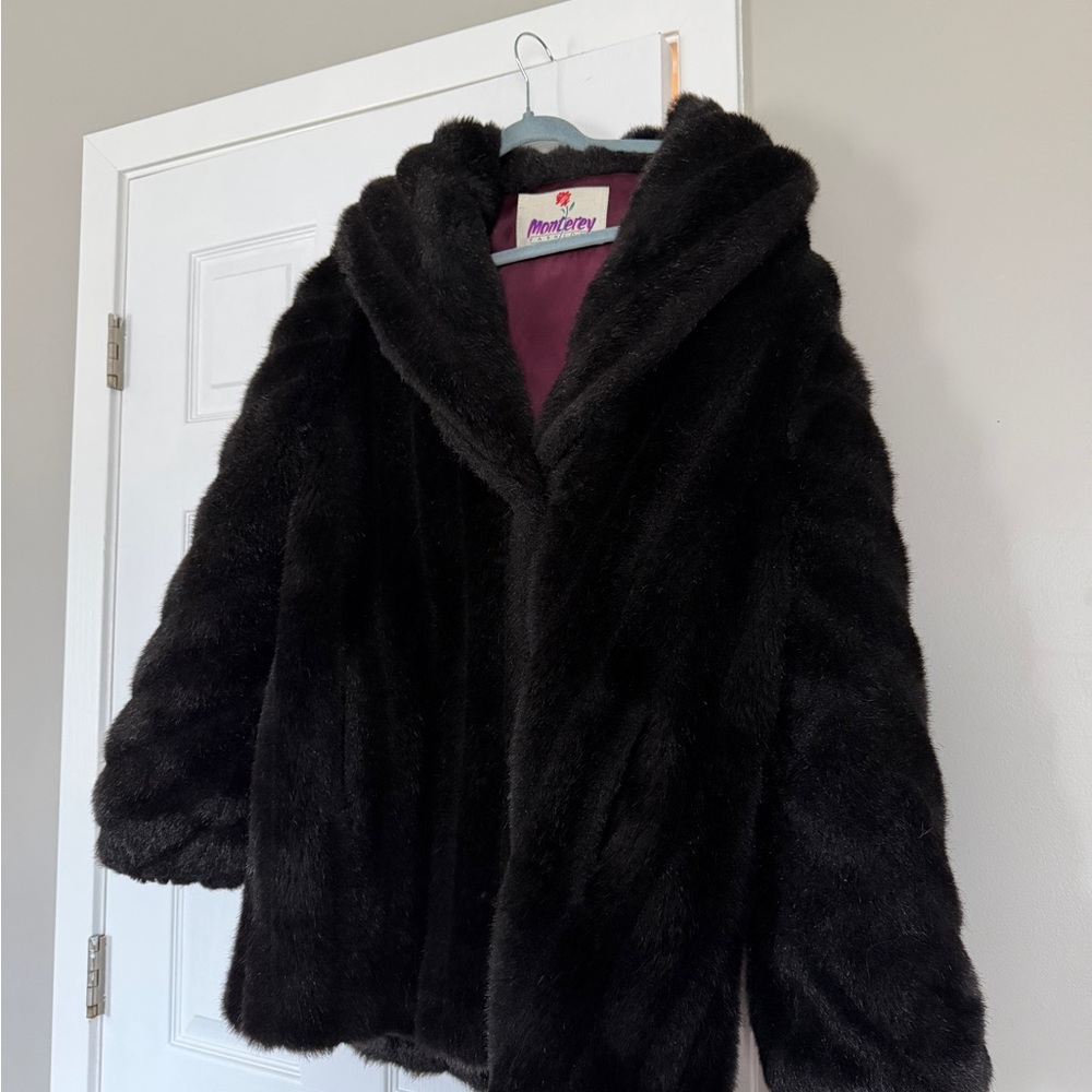 Monterey Fashion Faux Fur Black Coat Vintage Made in USA Size 14 - Picture 3 of 12